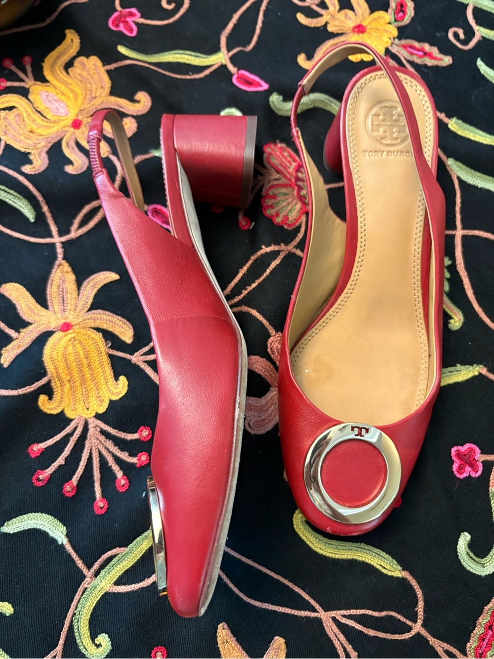 Tory Burch Red Leather Slingback Flats with Silver Logo Ring
